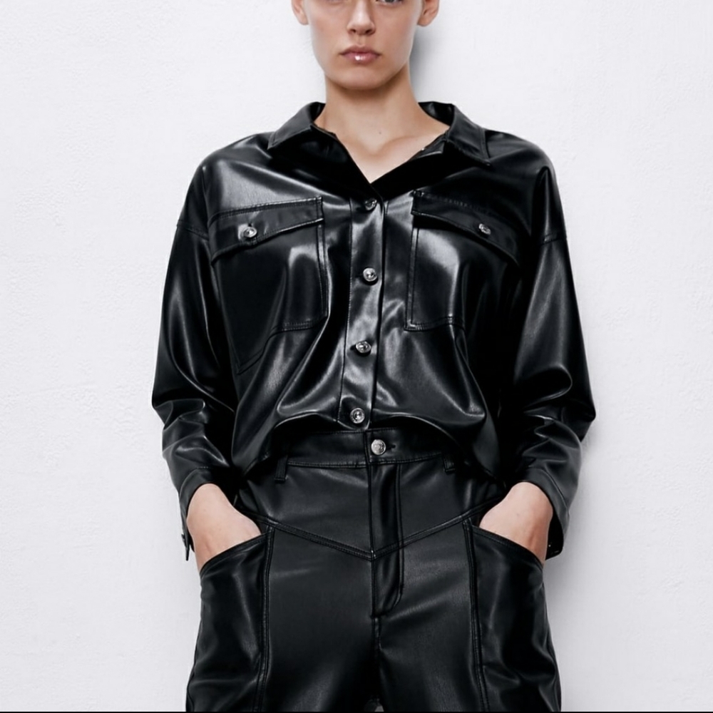 Zara Faux Leather Cropped Boxy Jacket Coat In Black SZ Small